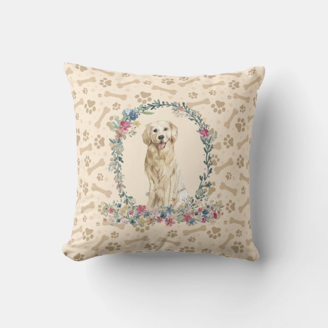 Coussin Golden Retriever Chien Empreinte de patte & Floral (Recto)