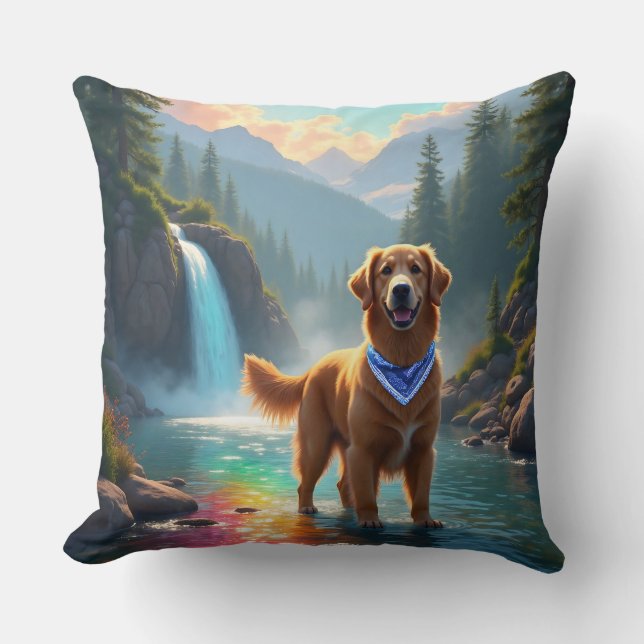 Coussin Golden Retriever dans un Imaginaire Rainbow River (Recto)