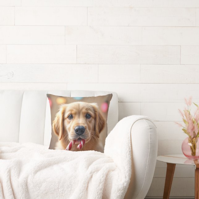 Coussin Golden Retriever Puppy With a Candy Cane (Canapé)