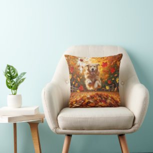 Coussin Golden Retriever Sumer En Pile Feuilleté D'Automne