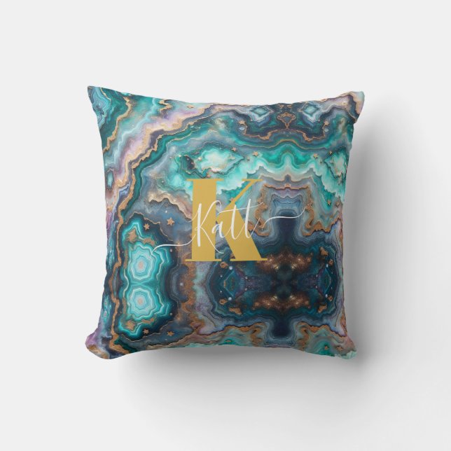 Coussin Golden Turquoise Aqua Agate Personnalisé Monogramm (Recto)