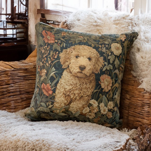 Coussin Goldendoodle Chiot dans William Morris Style Garde (Créateur téléchargé)
