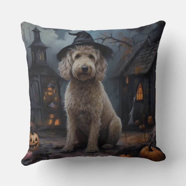 Coussin Goldendoodle Citrouille Halloween effrayant (Verso)