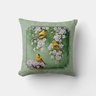 Coussin Goldfinch Birds and Flowers Green