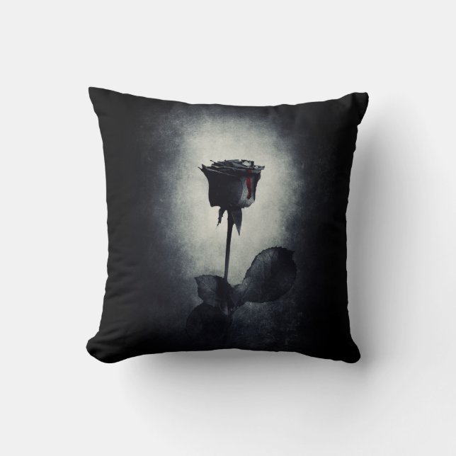 Coussin Goth Rose noir goutte de sang sur le Grunge noir (Recto)