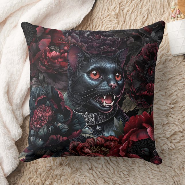 Coussin Gothic Black Cat & Dark Flowers (Couverture)