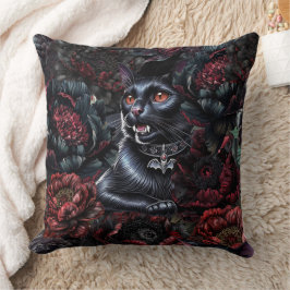 Coussin Gothic Black Cat & Dark Flowers