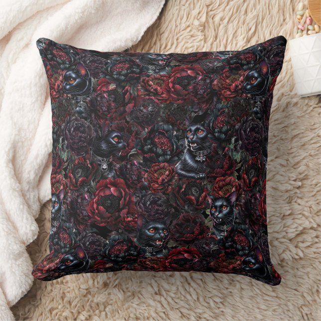 Coussin Gothic Black Cat & Dark Flowers Pattern (Couverture)