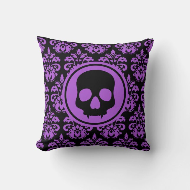 Coussin Gothique évanoui crâne d'Halloween violet damassé (Recto)