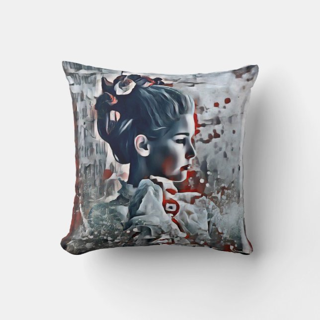 Coussin Gothique Lady Élégante gris victorien, rouge et no (Recto)