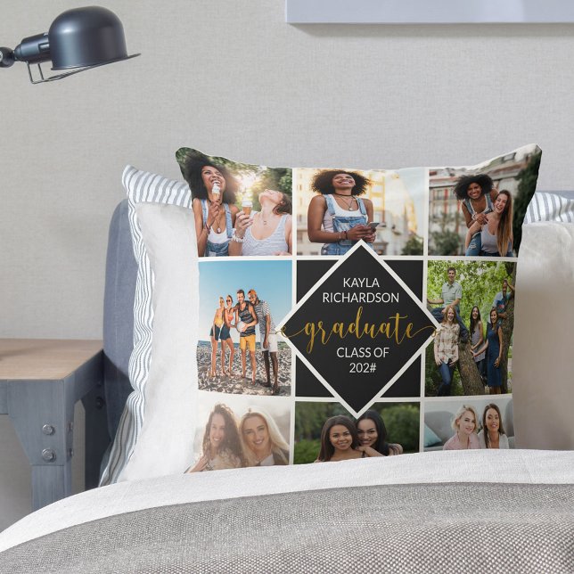 Coussin Graduate 8 Photo Collage noir et or Graduation (Créateur téléchargé)