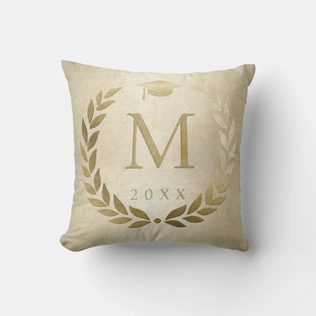 Coussin Graduation Gold Laurel Wreath Monogrammed Initial (Recto)