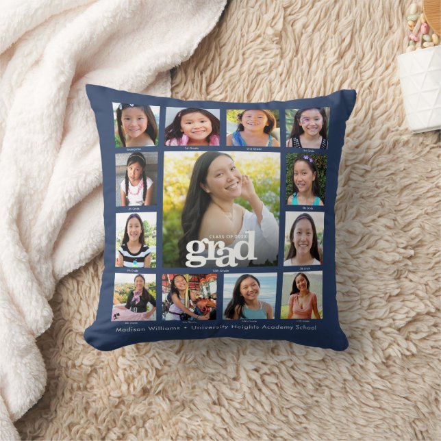 Coussin Graduation Navy K-12 Bold Modern Photo Collage (Couverture)