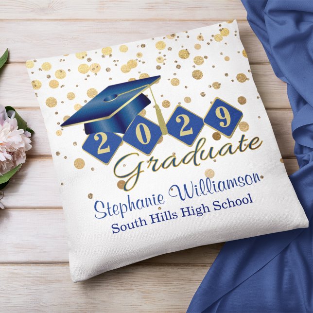 Coussin Graduation personnalisée Blue & Gold Confetti (Personalized Graduation Blue & Gold Confetti Throw Pillow)