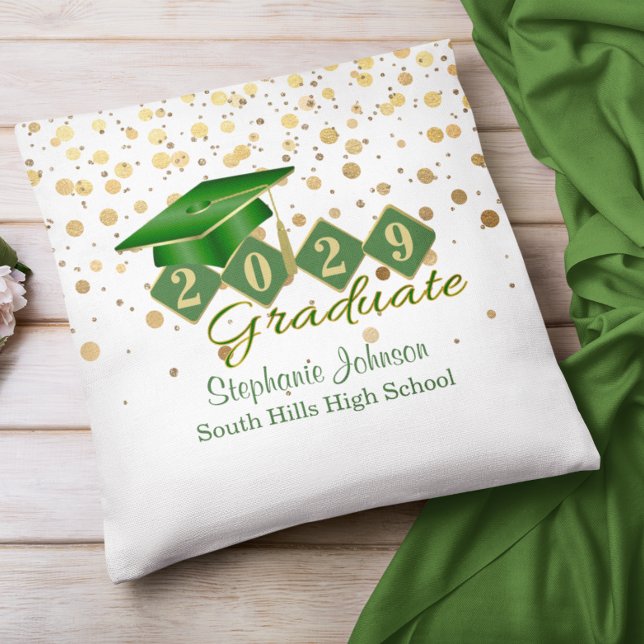 Coussin Graduation personnalisée Confetti Vert & Or (Personalized Graduation Confetti Green & Gold Throw Pillow)