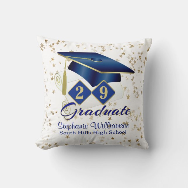 Coussin Graduation personnalisée Étoiles bleues et dorées (Recto)