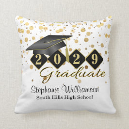 Coussin Graduation personnalisée Noir & Or Confetti