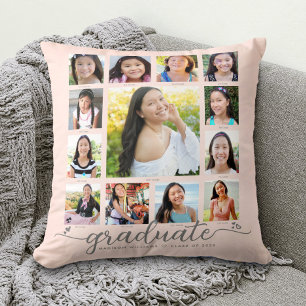 Coussin Graduation rose pâle K-12 Collage de photos Script