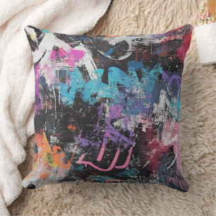 Coussin Graffiti Urbain Coloré Abstrait Violet Bleu Noir