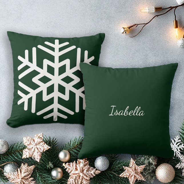 Coussin Grand flocon blanc sur monogramme vert forêt (Créateur téléchargé)