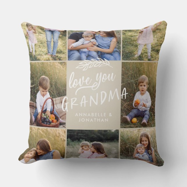 Coussin Grand-mère cadeau 8 photo petit-enfant simple typo (Recto)