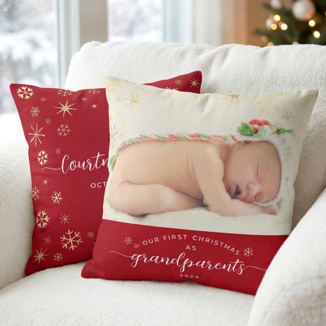 Coussin Grand-parents Baby First Christmas Snowflakes Phot (Créateur téléchargé)