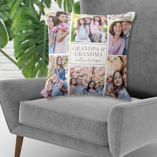 Coussin Grand-parents Photo Collage Famille (Grandparents Photo Collage Family Throw Pillow)