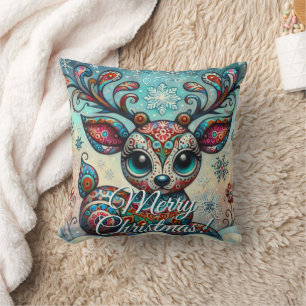 Coussin Grand Renne de Noël aux Yeux Big Folk Art Personna