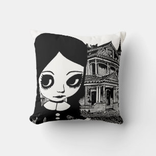 Coussin Grande fille gothique aux yeux Haunted house Œuvre