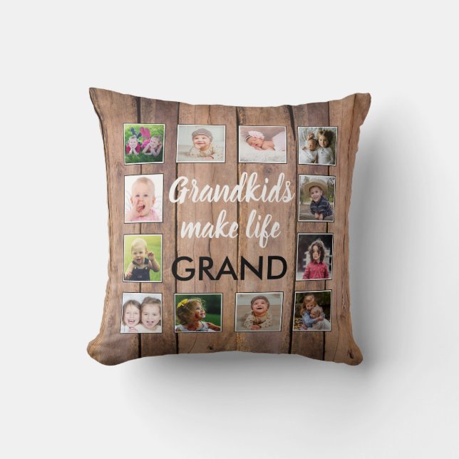 Coussin Grandkids Citation Rustic Wood 12 Collage photo (Recto)