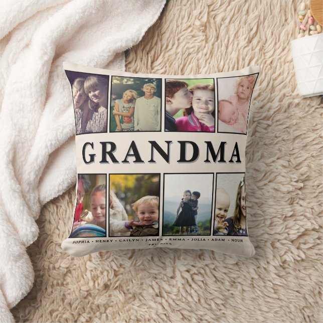 Coussin Grandma Pillow – 8 Photos & Grandkids’ Names (Couverture)