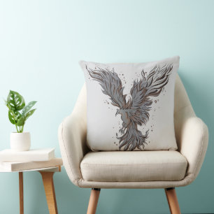 Coussin Graphique d'oiseau phénix gris volant