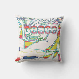 Coussin Graphique "Paix" , Rouge Jaune Aqua Rose sur Blanc