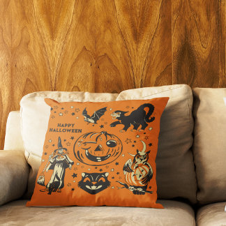 Coussin Graphismes Halloween de style vintage orange et no