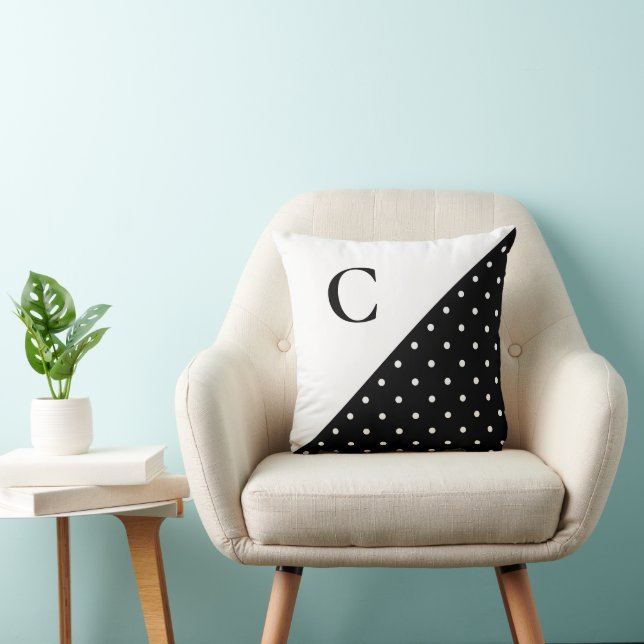 Coussin Gras blanc sur noir Polka Motif Monogramme (Chaise)