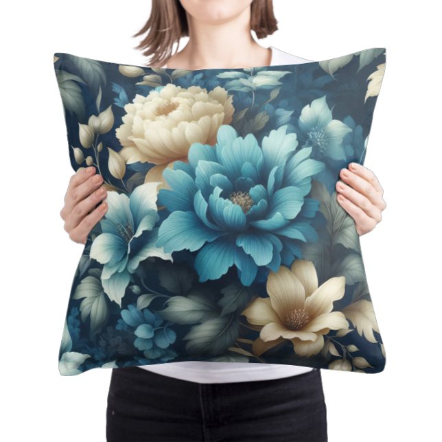 Coussin Gras en bleu et florale de crème délicate (Créateur téléchargé)