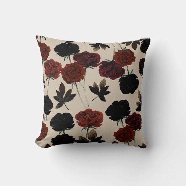Coussin Gras floral foncé rouge et noir beige Botanique (Recto)