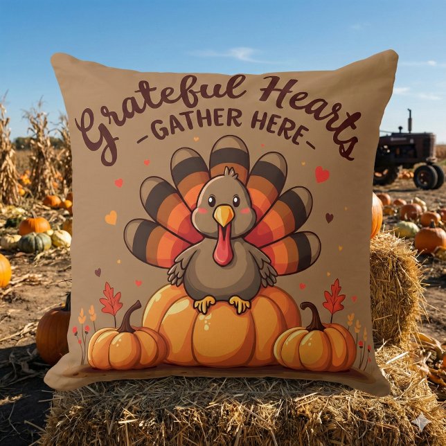 Coussin Grateful Hearts Thanksgiving Turkey (Grateful Hearts Thanksgiving Turkey Throw Pillow Mockup D)