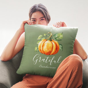 Coussin Grateful Orange Citrouille Moss Green Personnalisé