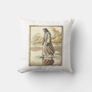 Coussin Gravure de marche spirituelle vintage sur l'eau