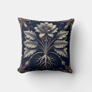 Coussin Gravure dorée de racine de pavot botanique vintage