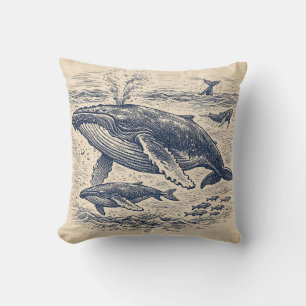 Coussin Gravure vintage de groupe de baleines à bosse