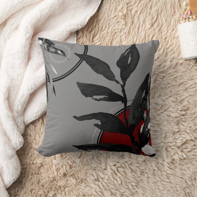 Coussin Gray Bourgogne Rouge & Noir Aquarelle Botanique (Couverture)