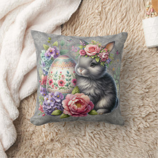 Coussin Gray Easter Bunny Damask Pattern Throw Pillow
