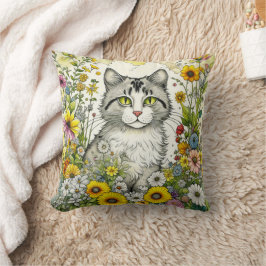 Coussin Gray Kitty Chat assis en Fleurs