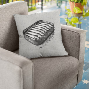Coussin Gray Retro Style Sardine Art Drôle Poisson Nourrit