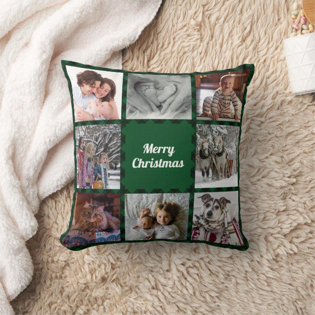 Coussin Green Black Buffalo Check Holiday Photo Collage (Couverture)