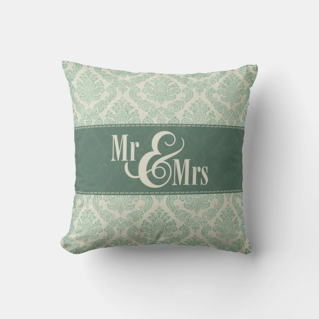 Coussin Green Damask "Mr & Mrs" coussin, personnalisée (Recto)
