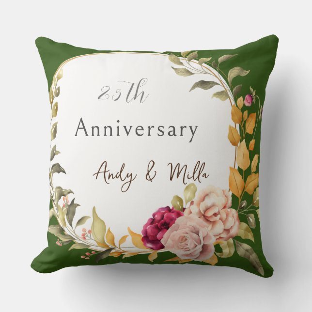 Coussin Green Elegant Floral Wreath 25e Mariage (Recto)