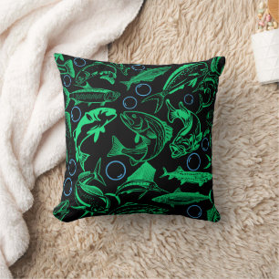 Coussin Green Fishes Motif 10,w Black BG